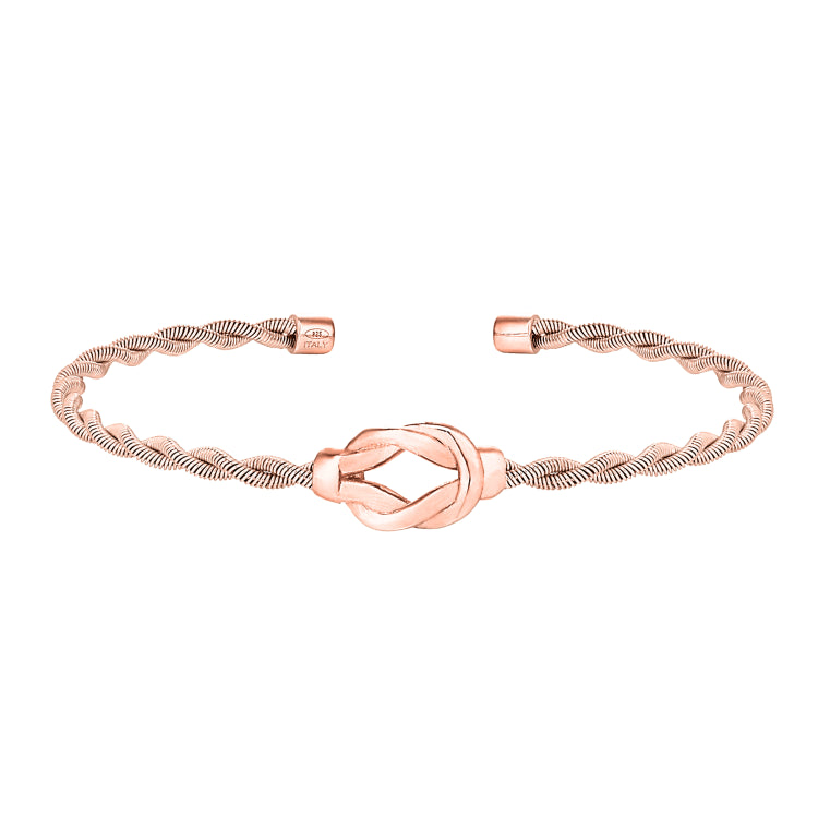Rose Gold Finish Sterling Silver Thin Tightly Twisted Cable Cuff Bracelet With Central Open Knot