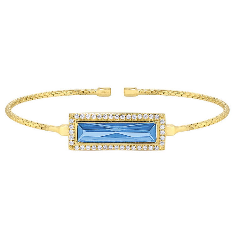 Gold Finish Sterling Silver Cable Cuff Bracelet With Rectangular Simulated Blue Topaz Stone And Simulated Diamonds