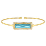 Gold Finish Sterling Silver Cable Cuff Bracelet With Rectangular Simulated Aquamarine Stone And Simulated Diamonds