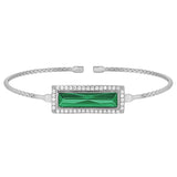 Rhodium Finish Sterling Silver Cable Cuff Bracelet With Rectangular Simulated Emerald Stone And Simulated Diamonds