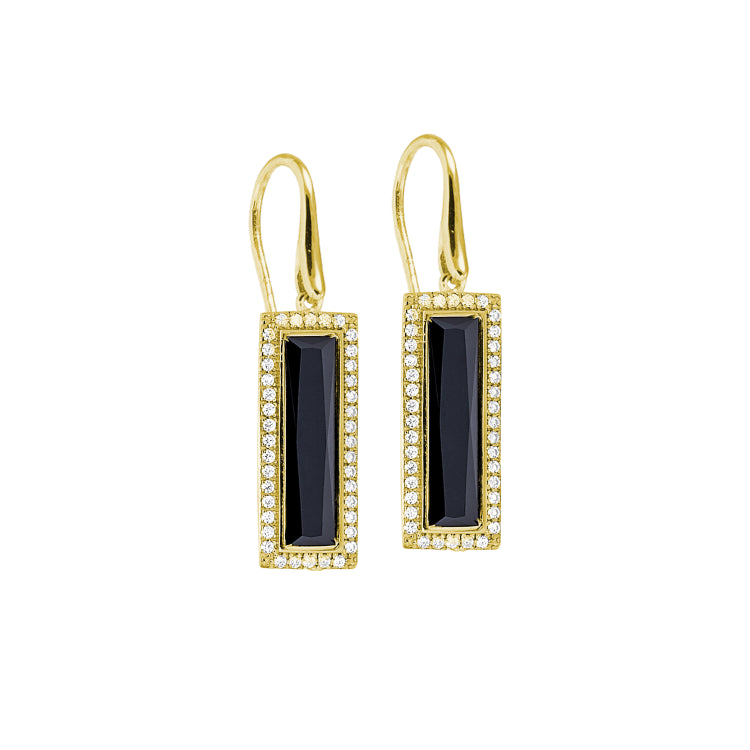 Gold Finish Sterling Silver Earrings With Rectangular Simulated Onyx Stones And Simulated Diamonds