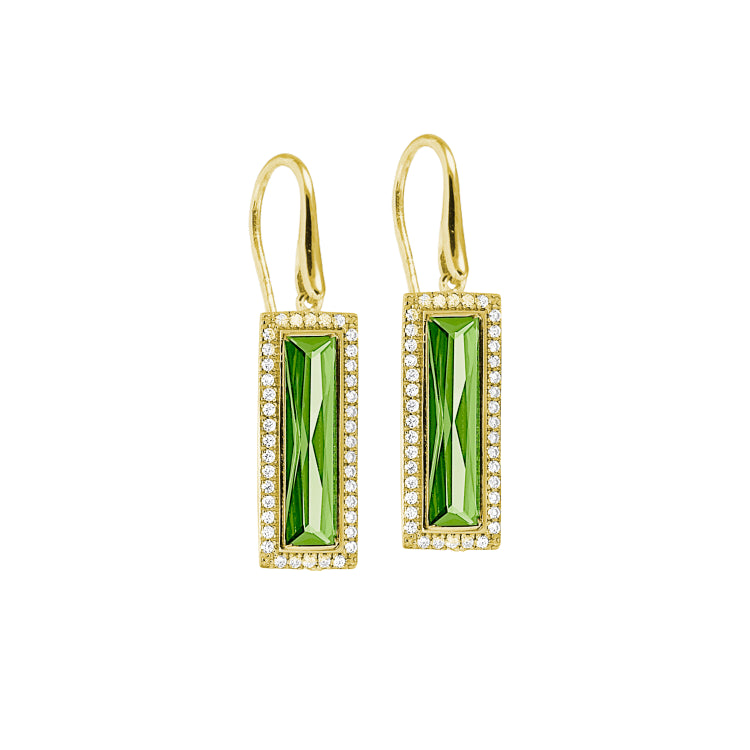 Gold Finish Sterling Silver Earrings With Rectangular Simulated Peridot Stones And Simulated Diamonds