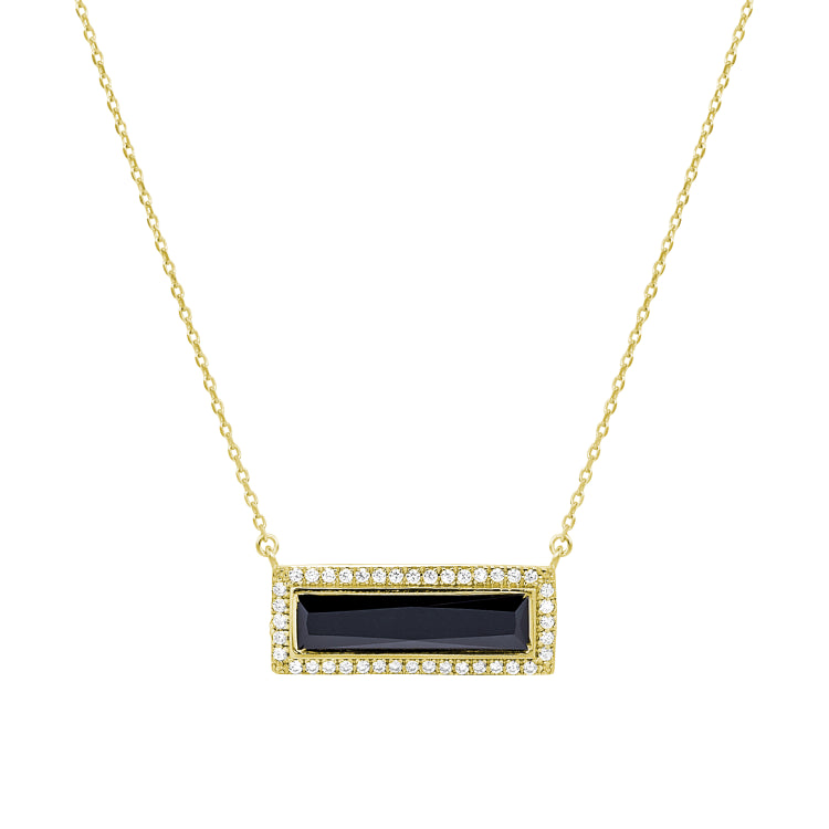 Gold Finish Sterling Silver Necklace With Rectangular Simulated Onyx Stone And Simulated Diamonds On 16" - 18" Chain