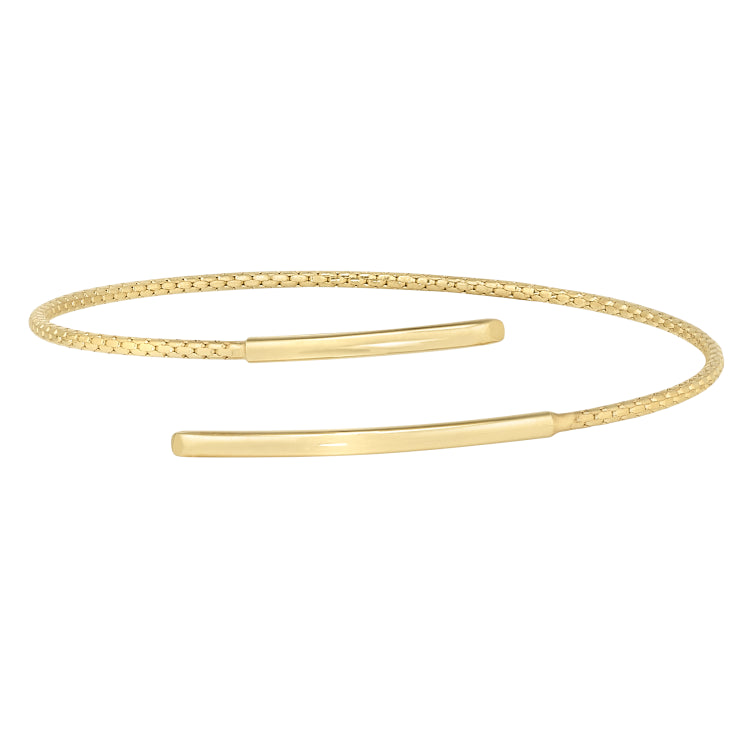 Gold Finish Sterling Silver Corean Cable Cuff Bracelet With A Polished Bar On Each End.