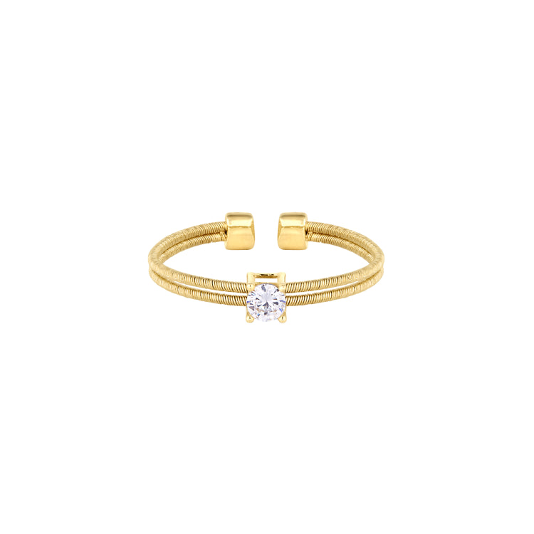 Gold Finish Sterling Silver Two Cable Cuff Ring With A Solitaire Simmulated Diamond