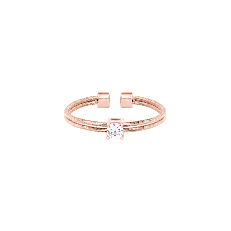 Rose Gold Finish Sterling Silver Two Cable Cuff Ring With A Solitaire Simmulated Diamond