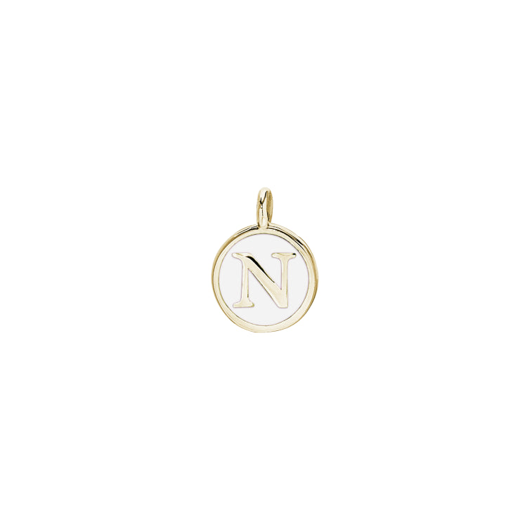 Gold Finish Sterling Silver White Enamel Initial Charm - N