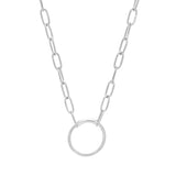 Rhodium Finish Sterling Silver 20" Paper Clip Necklace With Center Circle Station