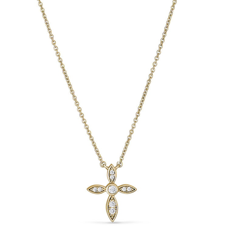 Gold Finish Sterling Silver Micropave Marquis Cross Pendant With Simulated Diamonds On 16"-18" Adjustable Chain