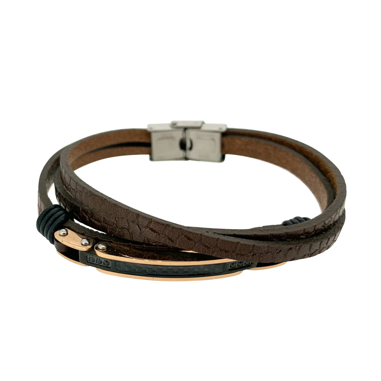 Brown Leather 3 Cord Bracelet With Central Gold And Black Steel Bar