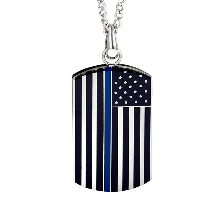 Stainless Steel Back The Blue American Flag Dog Tag On 24" Curb Chain