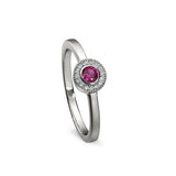 Platinum Finish Sterling Silver Micropave Round Simulated Ruby Ring with Simulated Diamonds Size 5