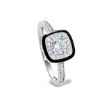 Platinum Finish Sterling Silver Micropave Cushion Cut Ring with Thin Black Enamel and Simulated Diamonds - Size 9