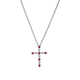 Platinum Finish Sterling Silver Simmulated Garnet Cross Pendant with Simmulated Diamonds on 16